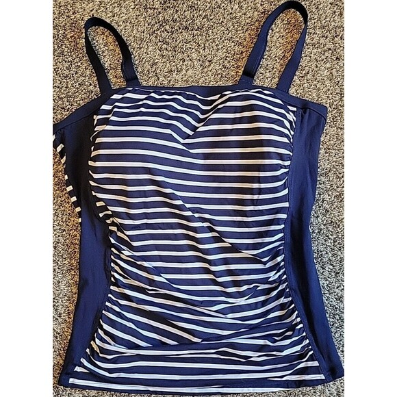Lands End Navy Swim Top 16 D Stripes Removable Straps Bandeau Front Lined S942 - Picture 1 of 8